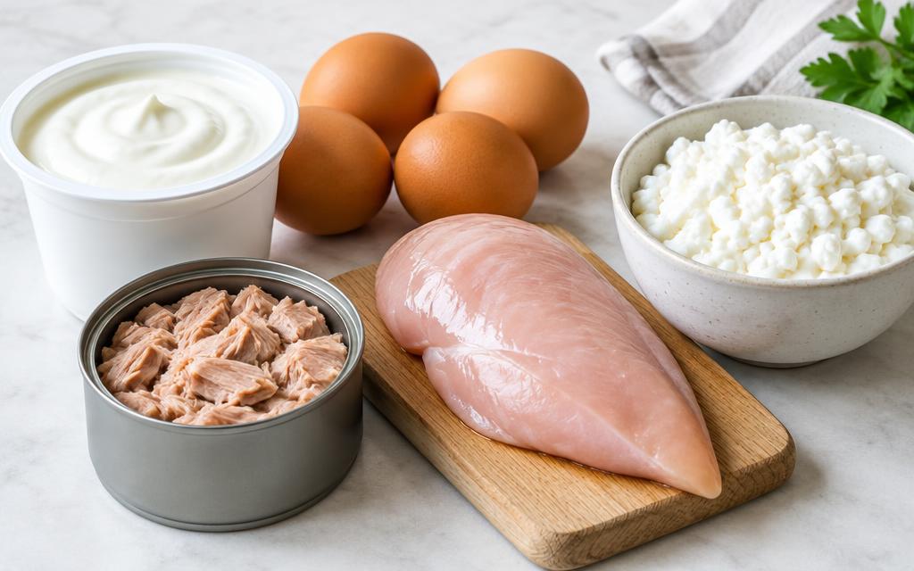 High protein foods: Greek yoghurt, eggs, chicken breast, tinned tuna and cottage cheese