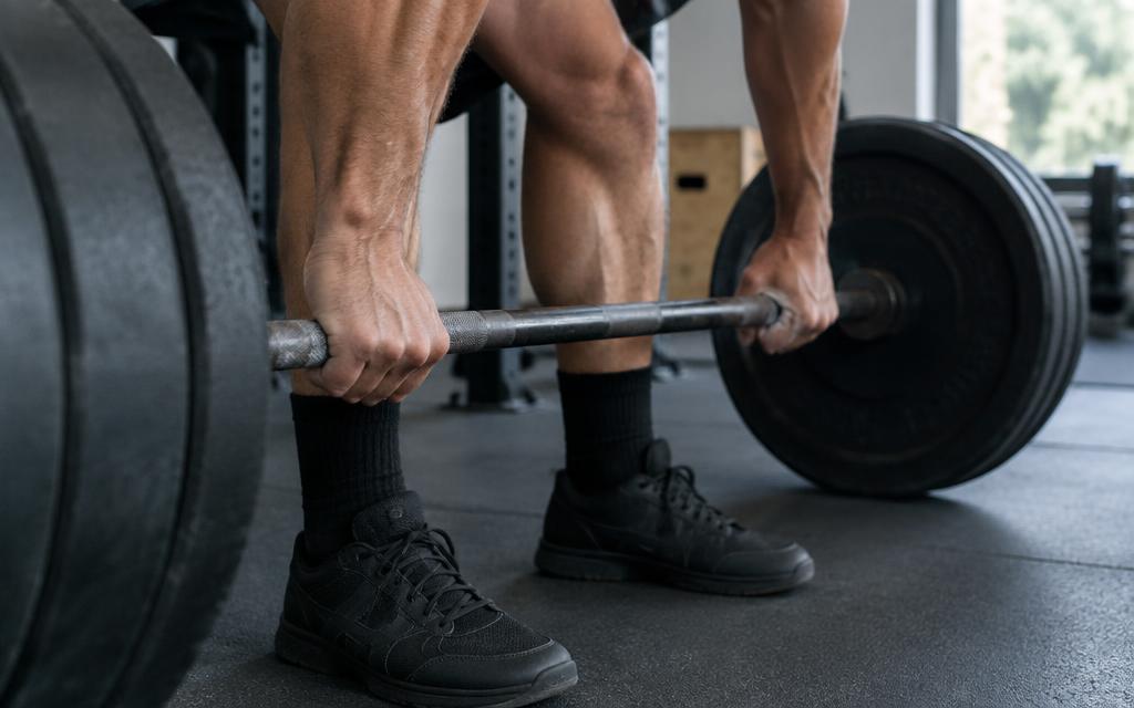 Hands gripping a loaded barbell mid lift
